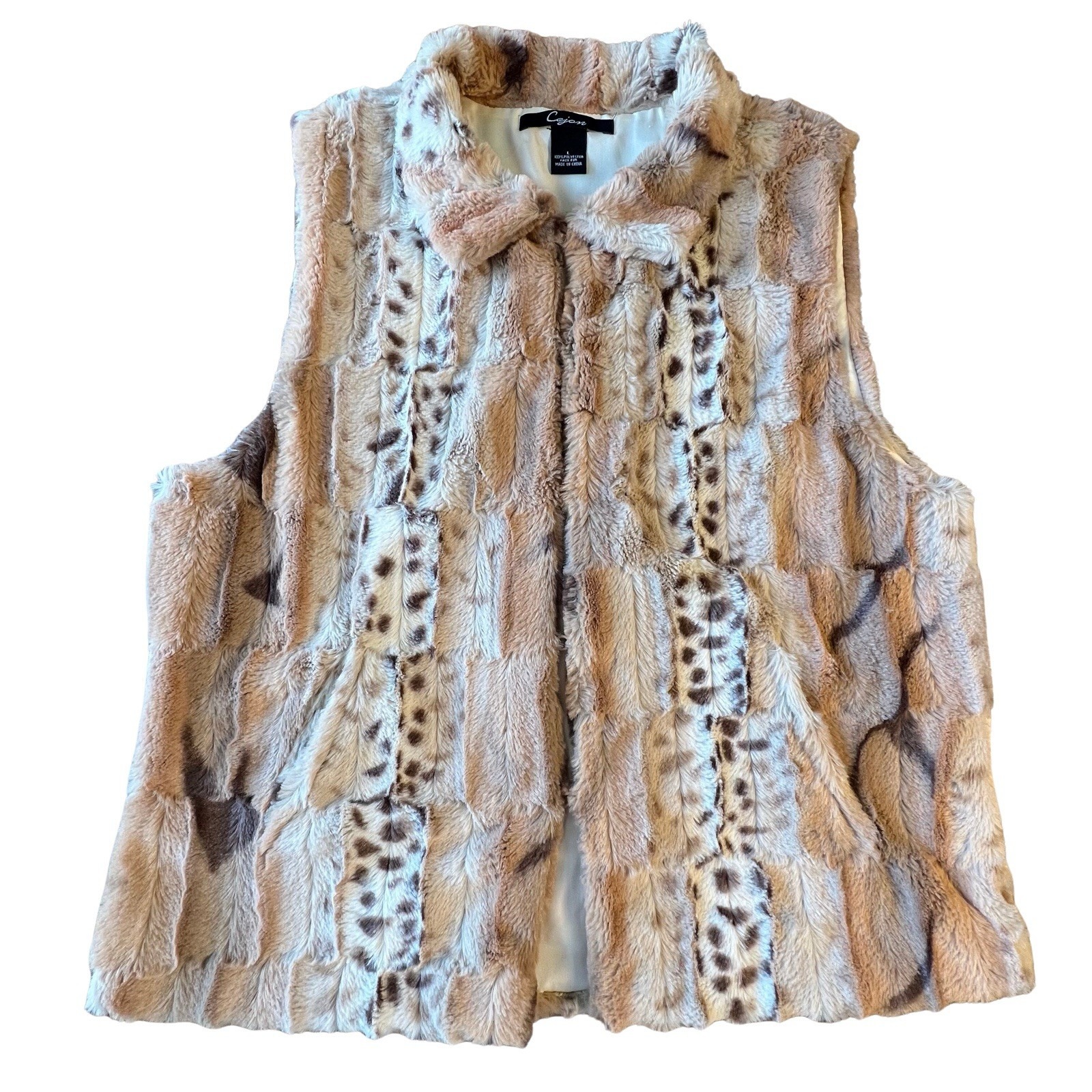 Cejon Women's Faux Fur Vest Hook Eye Closure Brown Size L Luxury Boho Classic